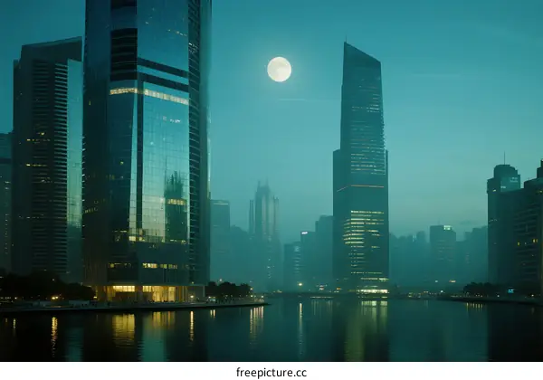 Cityscape with tall modern buildings and full moon at night