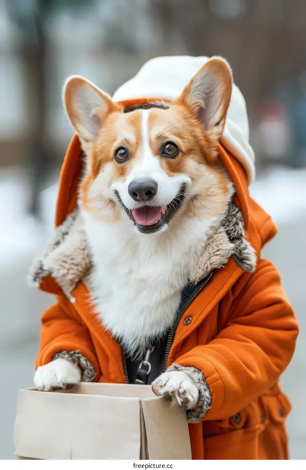 A cute corgi wearing a winter coat and hat