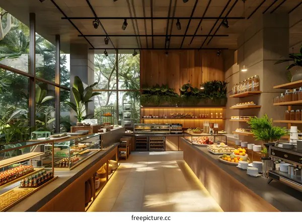 The picture shows a restaurant decorated in wood with a lot of greenery