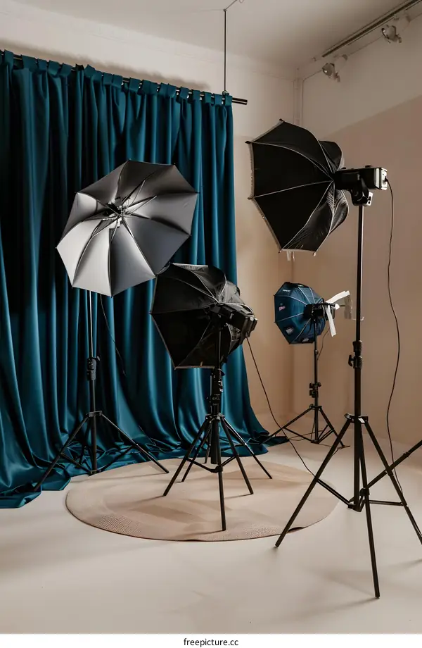 Photography Studio Set Up with Tripods and Lighting Equipment