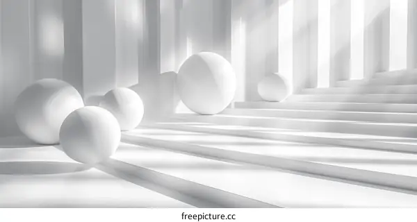 White minimalist surreal space with spheres and staircase