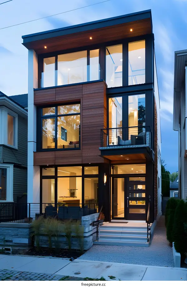 Modern House Exterior Design with Glass Windows and Wooden Siding