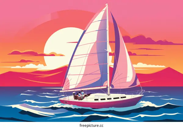 A family is sailing on a boat at sunset.