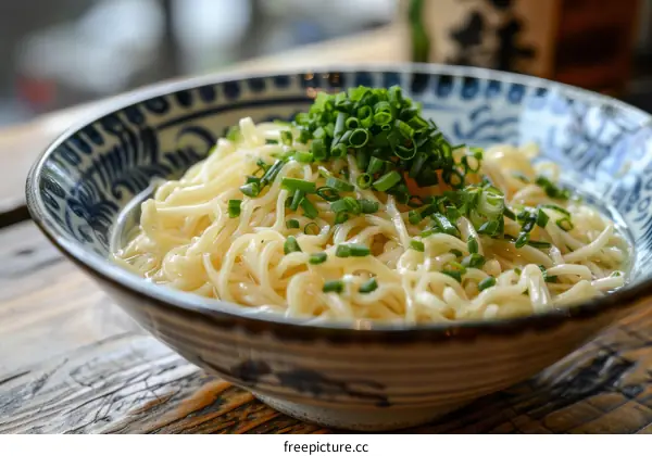 A bowl of Japanese noodles with green onions