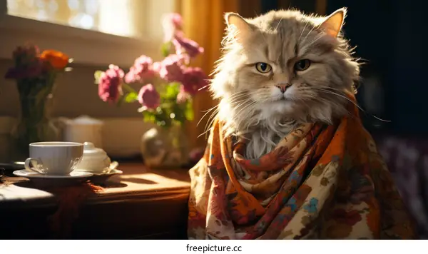 A cute ginger cat with a floral scarf is relaxing in the sun by the window