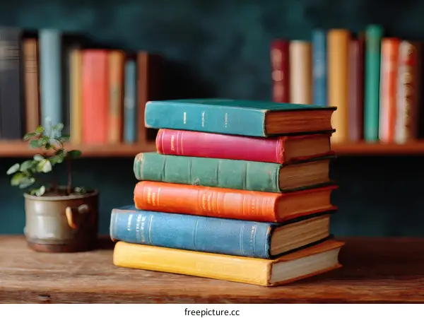 Vintage Books Stacked on Wooden Table