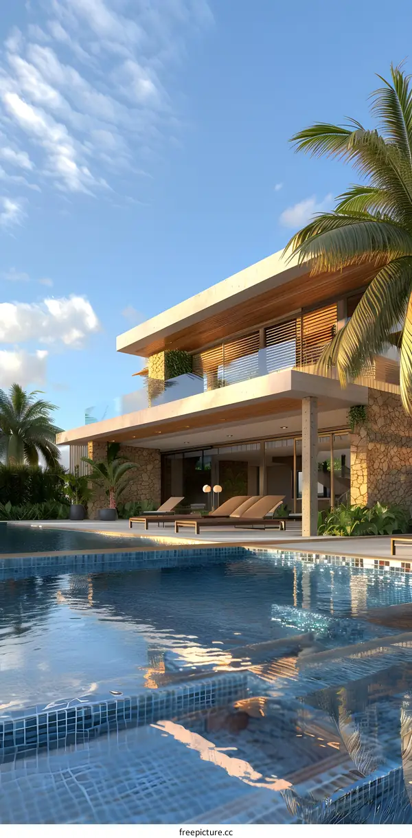 Modern Villa with Swimming Pool and Palm Trees
