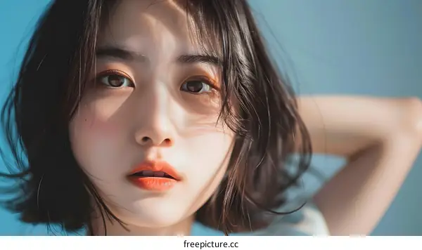 Portrait of a Young Woman with Short Hair and a Blue Background