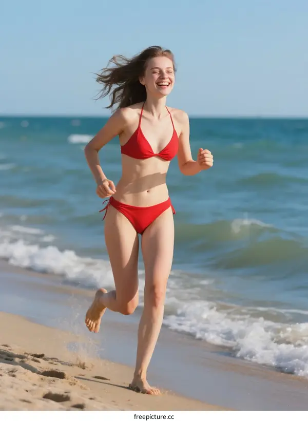 Young woman running on the beach in a red bikini
