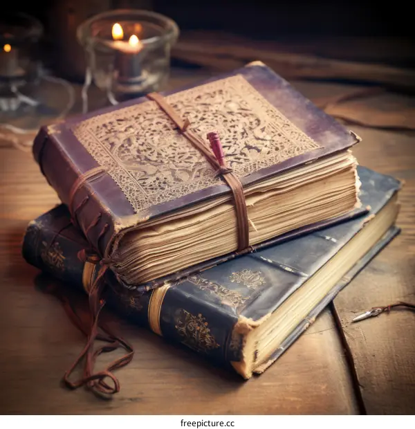 Two old books with a candle on a wooden table