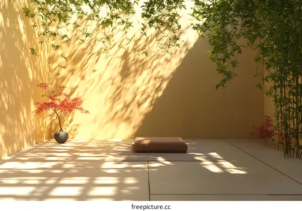 Minimalist Zen Garden with Cushion and Bonsai Tree