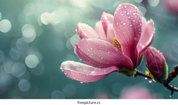A beautiful magnolia flower with dew on its petals