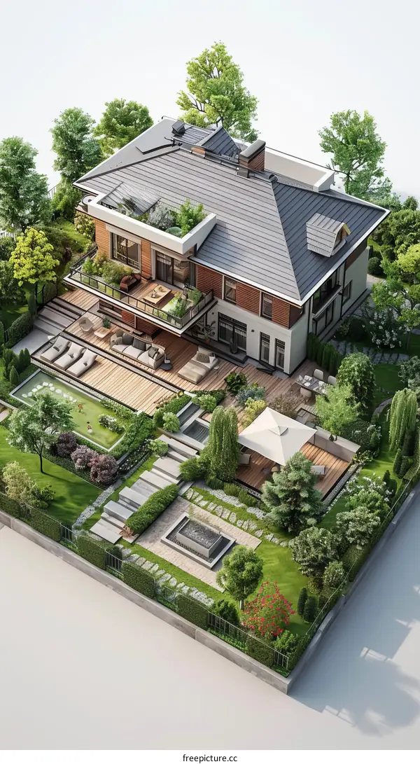 An illustration of a modern house with a garden