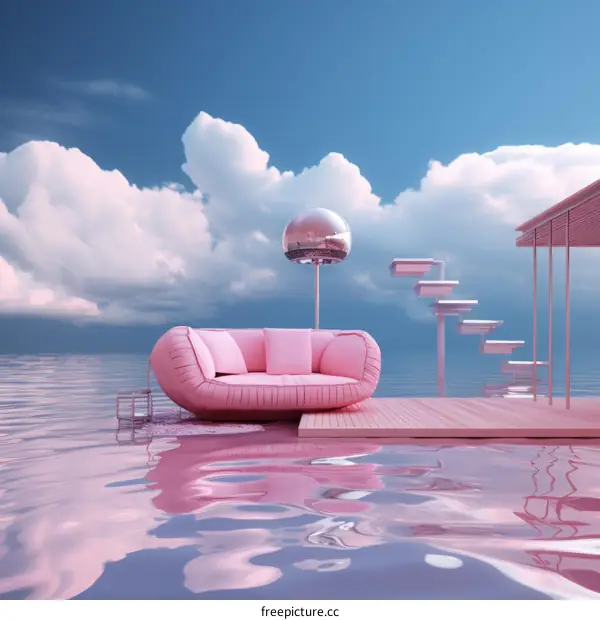 Pink surreal seascape with floating sofa