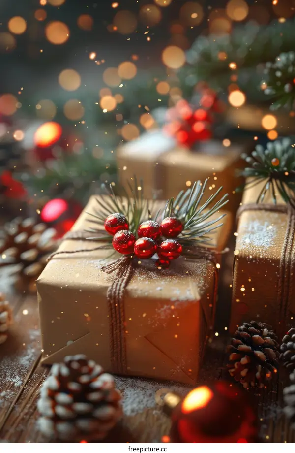 Christmas Gift Wrapping with Pine Cones and Fairy Lights