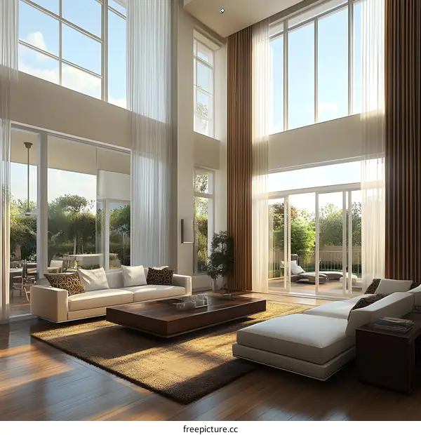 Modern Living Room Interior Design With Large Windows And White Sofa