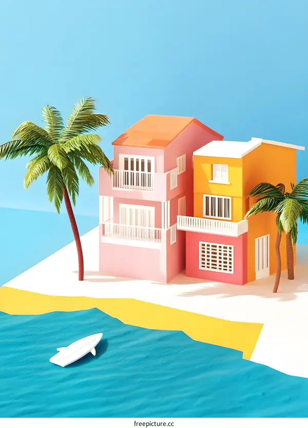 Tropical Island Beach Houses Illustration