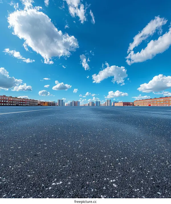 Empty parking lot with blue sky and white clouds