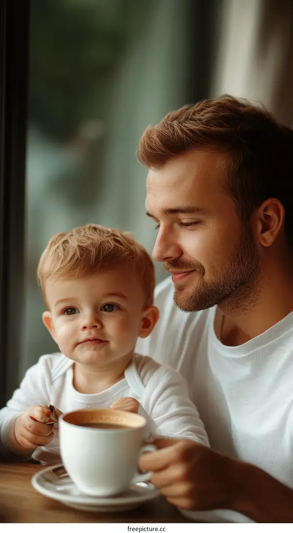 Father and Son Enjoying Coffee Together in a Cozy Cafe