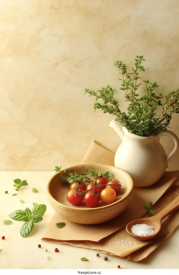 Freshly picked cherry tomatoes and herbs on a rustic table