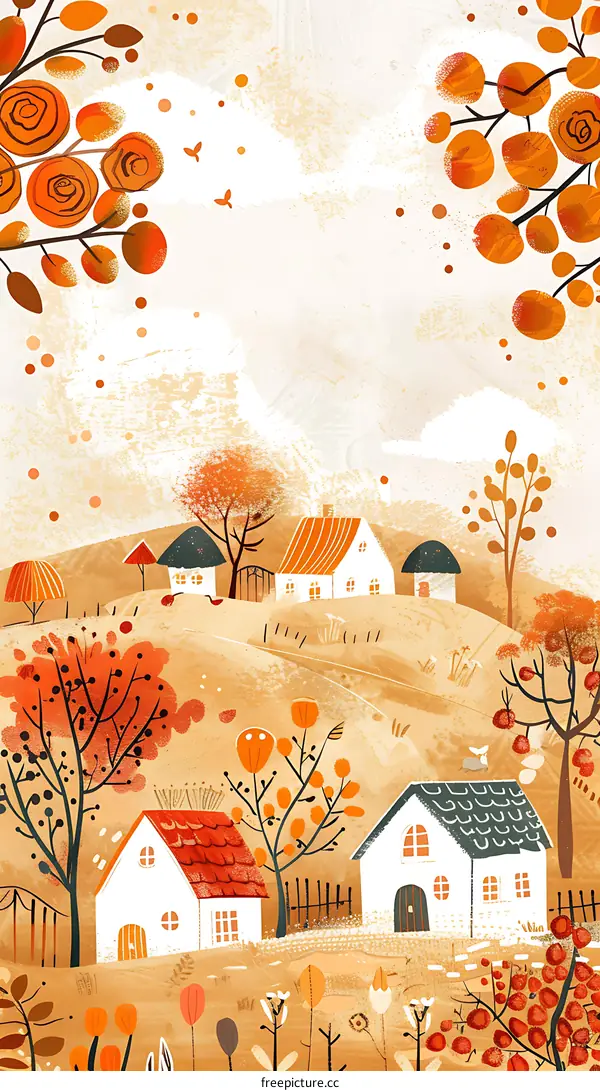 Autumn Village Landscape Painting With Orange and Brown Colors