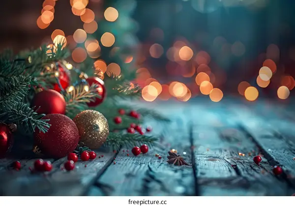 Festive Christmas Background with Fir Branches and Ornaments