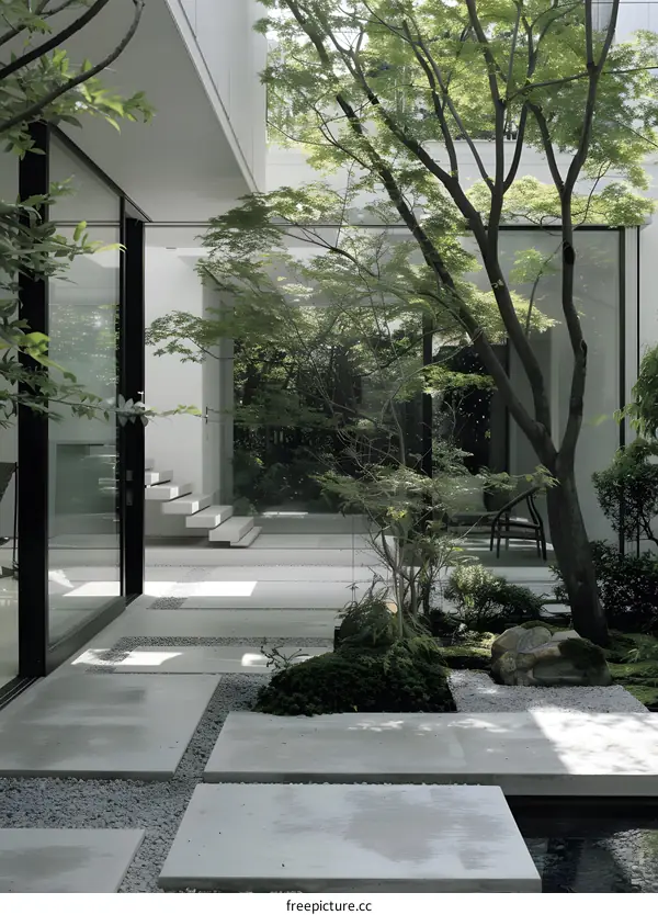 Modern Minimalist Courtyard Garden with Stone Patio and Green Trees