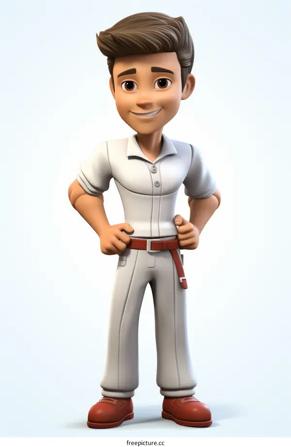 A 3D illustration of a young man wearing a white shirt and pants