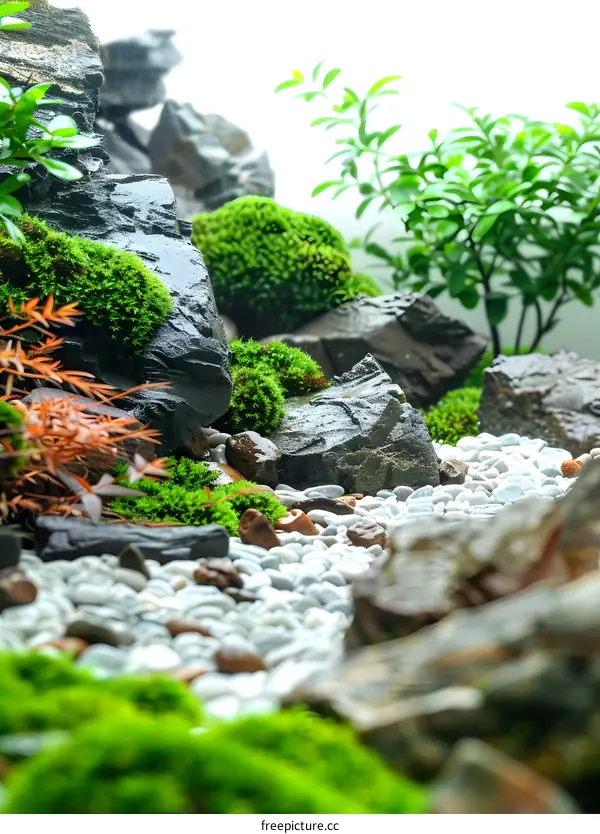 Green Moss Rocks and Pebbles Garden