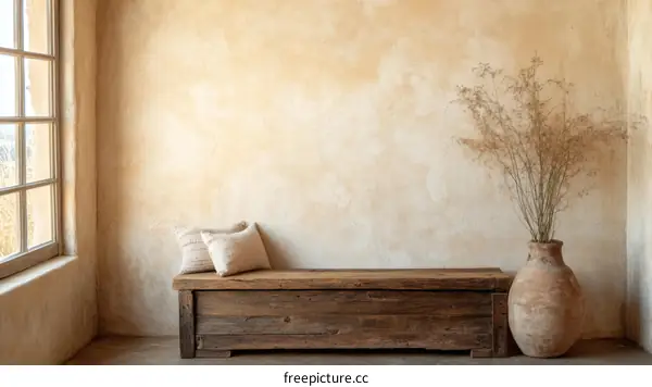 Rustic Interior with Wooden Bench and Dried Flowers