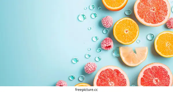 Fresh Citrus Fruit and Raspberry Slices on Blue Background