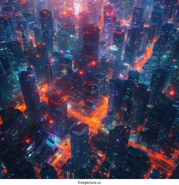 A cyberpunk city with skyscrapers and neon lights