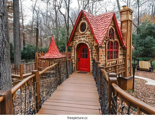 Red Roofed Brick Cottage with Wooden Bridge in Forest