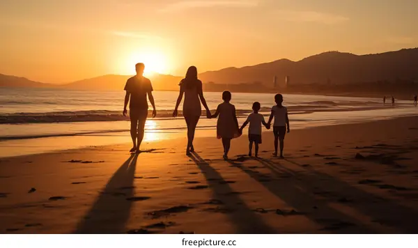Family walking on the beach at sunset