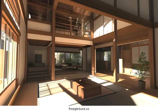 Modern Japanese Style Interior Design with Wooden Beams and Tatami Mats