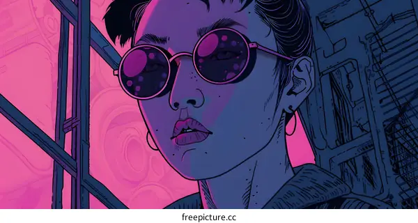 Woman with Sunglasses in a Neon Retro Illustration