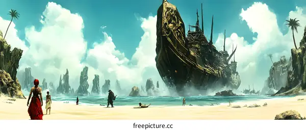 Fantasy Beach Scene with Shipwreck and People