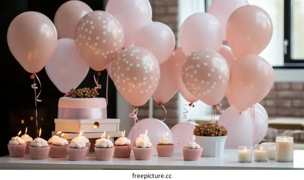 A table full of pink and white polka dot balloons, cupcakes, candles, and a cake