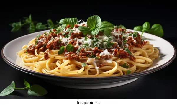 A delicious plate of pasta with tomato sauce and basil