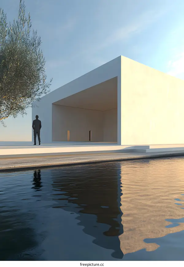 Minimalist Architecture with Man Standing in Front of White Building