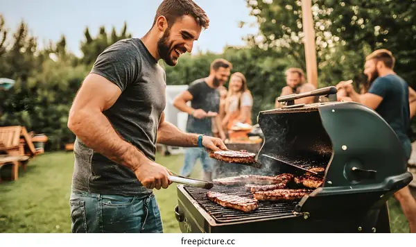 Man Grilling Steaks For Friends At Backyard Barbeque