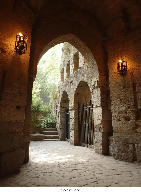 Ancient Roman Archway Passageway with Stone Flooring