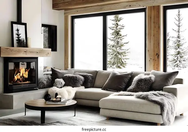 Modern Cozy Living Room with Fireplace and Snowy View