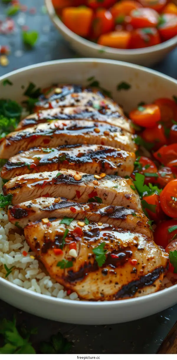 Grilled Chicken Breast with Rice, Tomatoes and a Green Salad