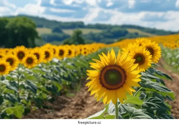 Field of sunflowers with a single sunflower in the foreground