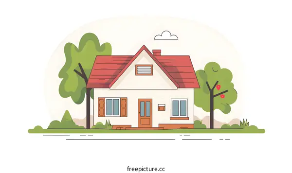 Simple Line Art Illustration of a House with Trees and a Red Roof