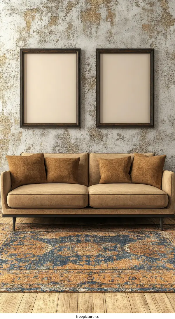 Rustic Living Room Interior with Blank Picture Frames