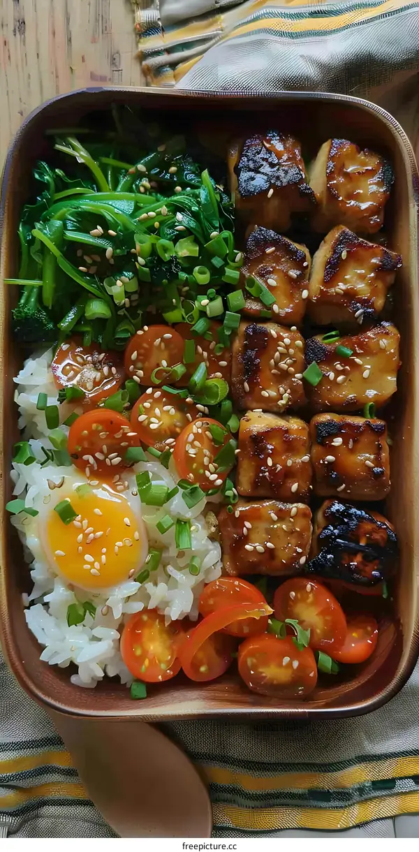 Delicious Tofu Rice Bowl with Sesame Seeds and Cherry Tomatoes