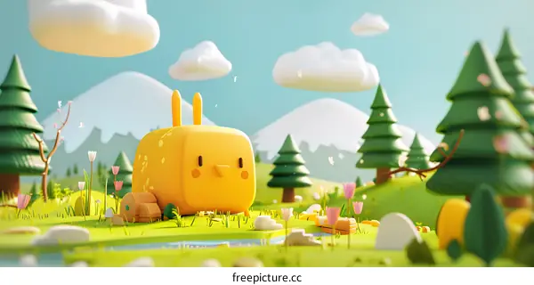Cute Yellow Bunny In A Spring Meadow