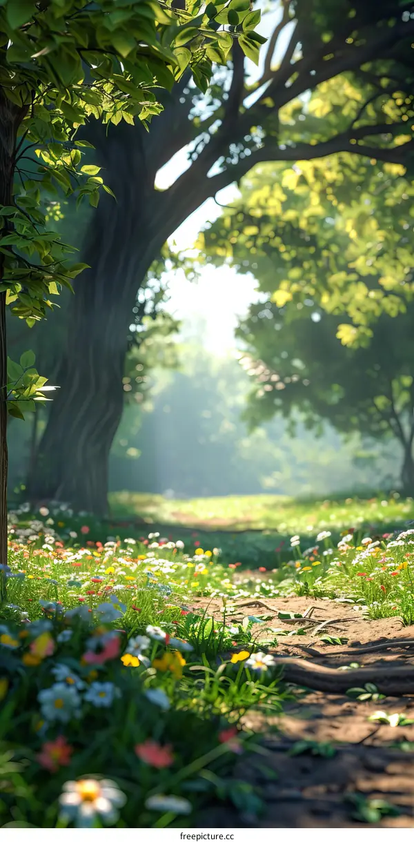 Sunlight Path Through a Lush Forest Garden